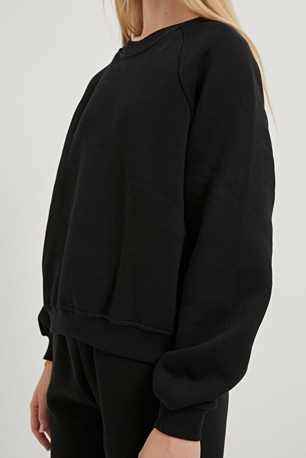 Kadın Biyeli Bisiklet Yaka Siyah Basic Sweatshirt - 4