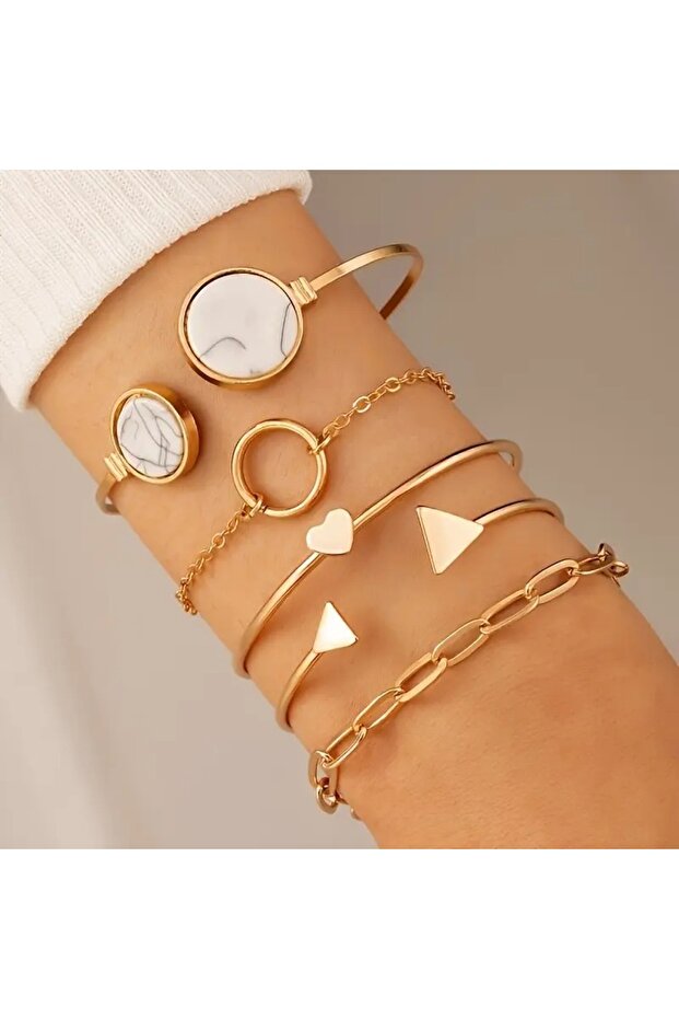 Gold Color Women's Bracelet Set of 5 Marble Pattern, Heart, Triangle and Chain Combination 0324