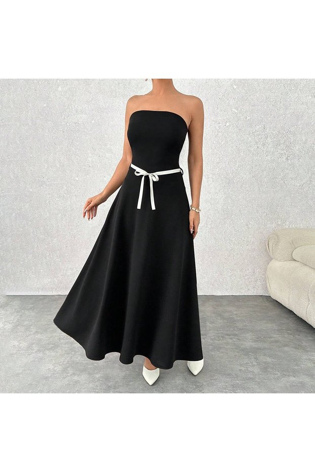 Women's White Tie-Up Long Flared Stylish Black Dress