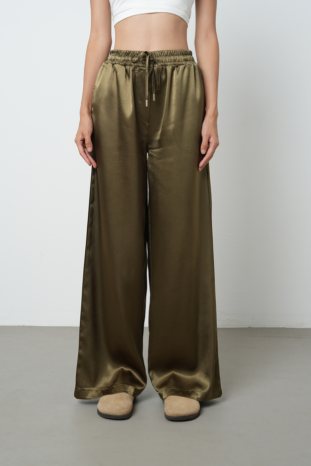 Women's Khaki Color Plain Satin Wide Leg Elastic Waist Trousers