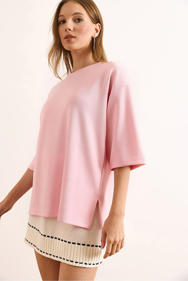 Women's Candy Pink Modal Crew Neck Soft Textured Flowy T-Shirt Tsh-19000935