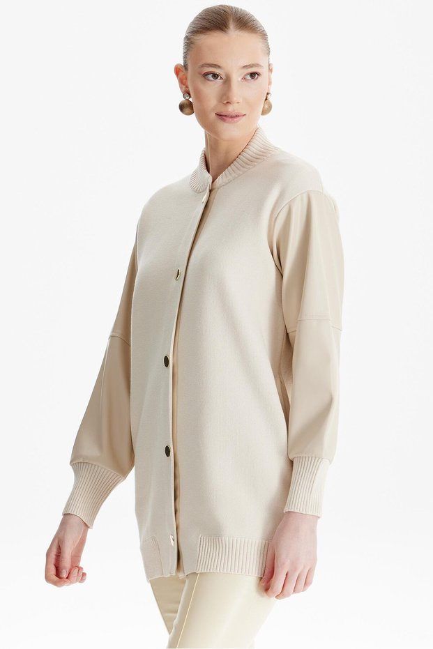 Knitwear Bomber Jacket with Leather Trim on the Sleeves Beige