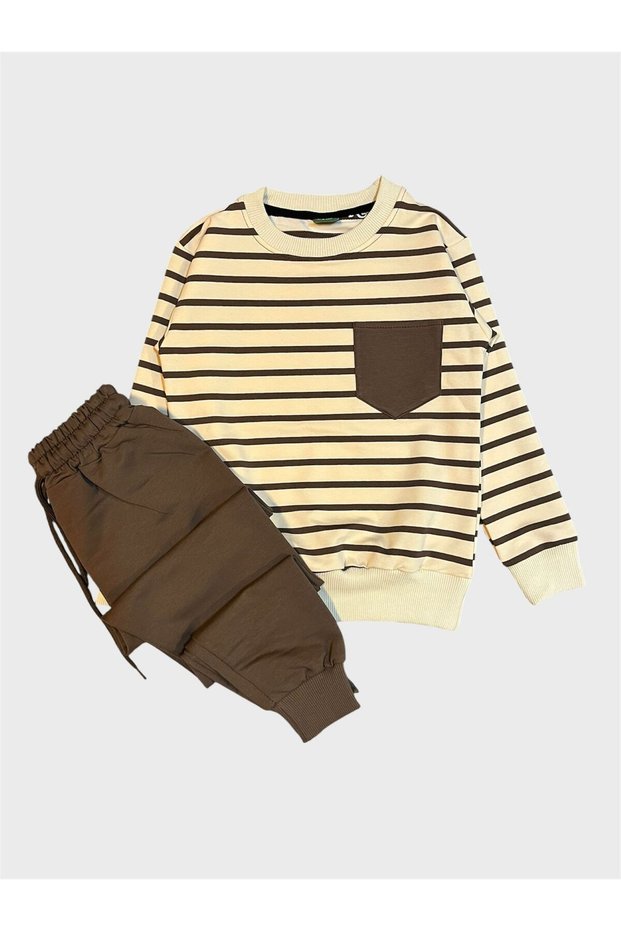 Boys' Cotton Cream Brown Striped Long Sleeve Tracksuit Set