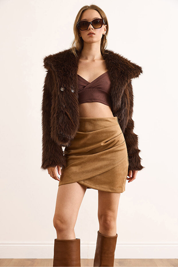 Women's Camel Drape Detailed Side Zipper Mini Suede Skirt Etk-19000354