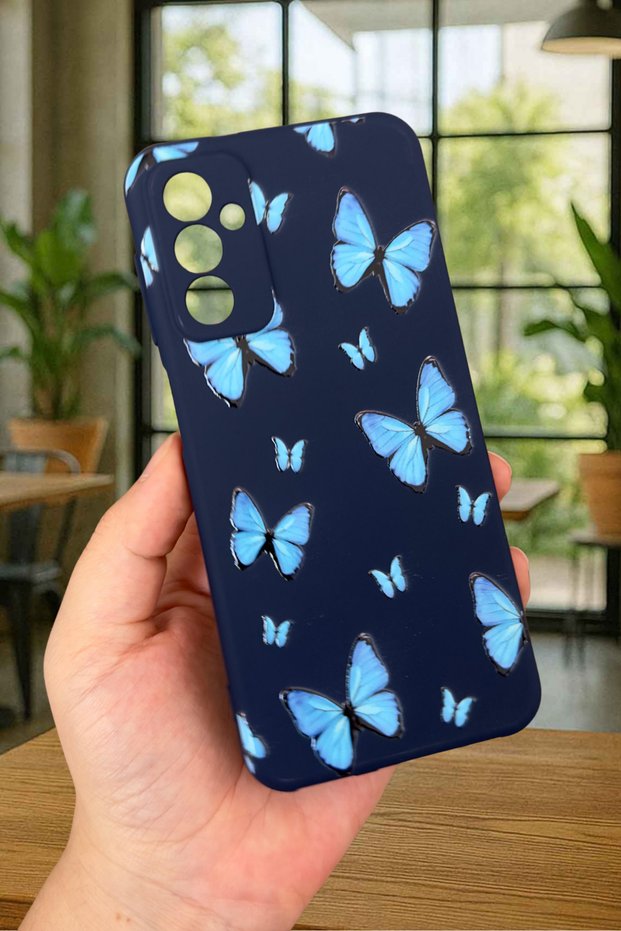 Samsung Galaxy M13 Compatible Blue Butterfly Patterned Silicone Shock-Absorbing Classic Protective Rubber Case