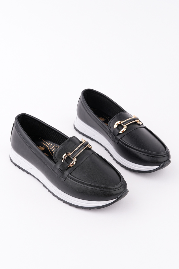 Women's Black Leather Buckle Orthopedic Sole Ballerinas
