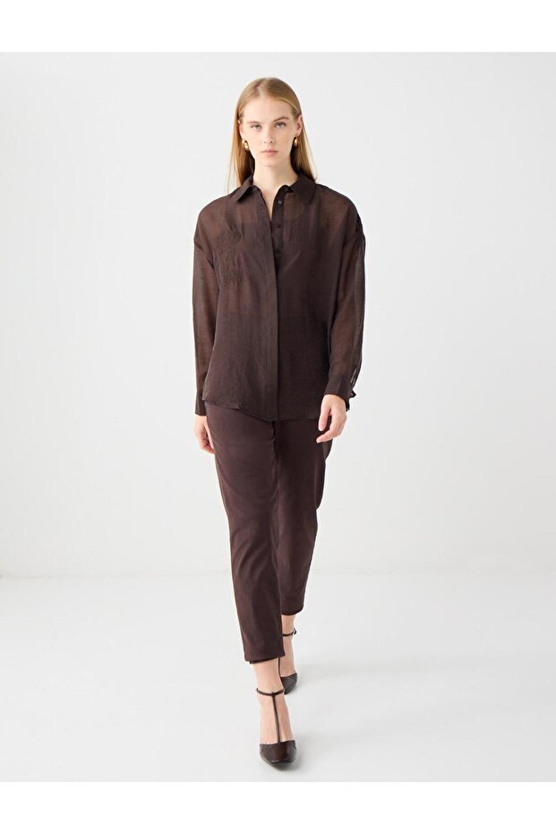 Acı Kahve Rahat Kesim Çiçek Desenli Dokuma Gömlek - 2