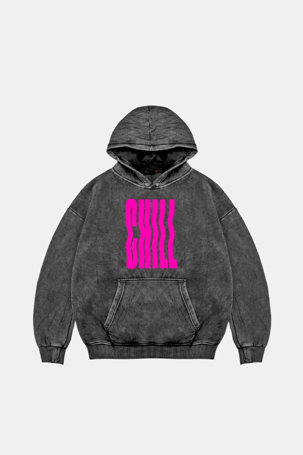 Chill Printed Oversize Unisex Washable Black Hoodie