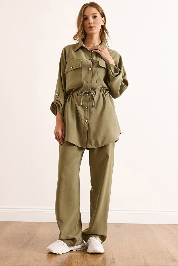 Women's Khaki Lyocell Top and Bottom Flowy Set Tkm-19000439