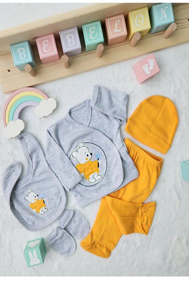 Newborn Baby Boy Teddy Bear Patterned 5-Piece Hospital Discharge Bodysuit Set
