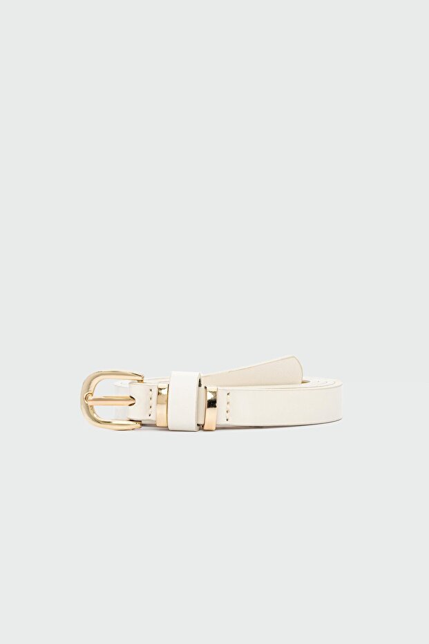 Oval Buckle Thin Faux Leather Belt Cream