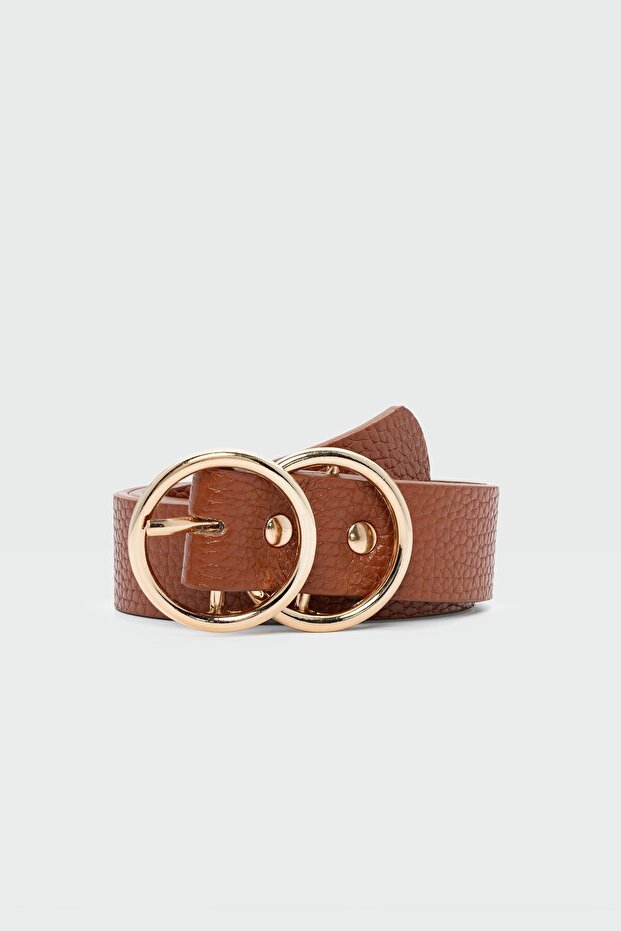 Double Round Buckle Faux Leather Belt Brown