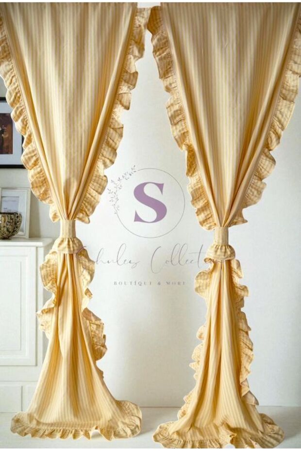 Double Sided Ruffled Yellow Striped Vintage Cotton Linen Curtain (Width X Length) - Single Panel - No Pleats