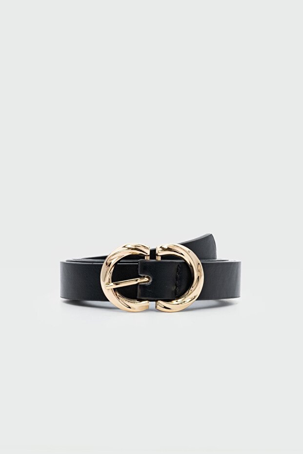 Auger Double Oval Buckle Faux Leather Belt Black