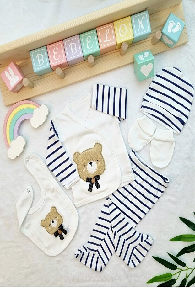 Newborn Baby Boy Striped Teddy Bear Pattern 5-Piece Hospital Discharge Set