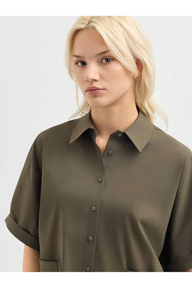 Kadın Regular Fıt Gömlek-Haki - 4