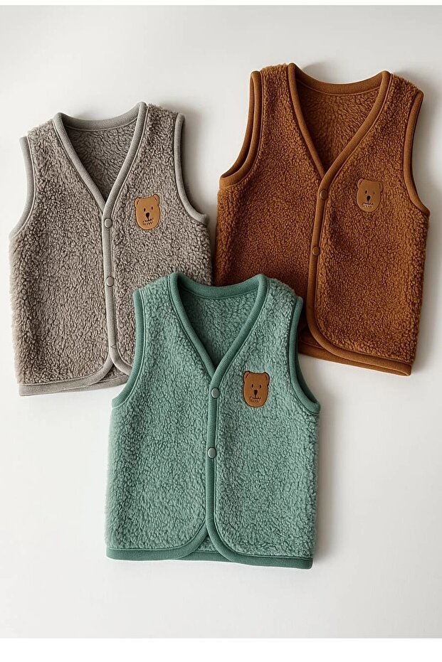 3-Piece Baby Plush Vest with Welsoft Front Snap Fasteners and Teddy Bear Emblem