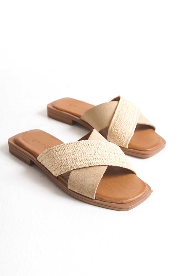 Dani̇ Cream Genuine Leather and Linen Cross Women's Slippers