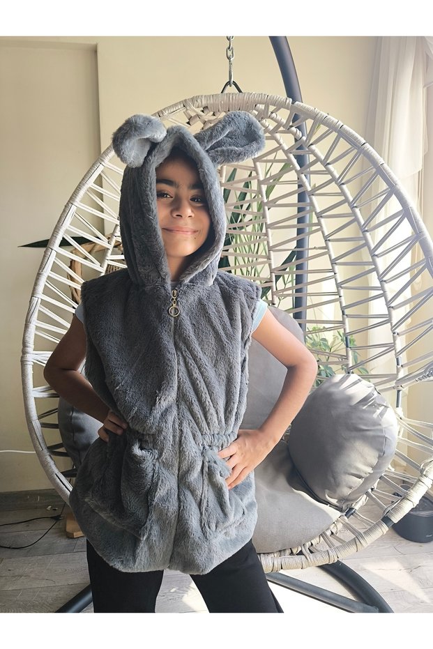 Eid Girl's Hoodie Fur-Trimmed Plush Pocketed Waist Ruched Inside a Lined 100% P Cotton Y Vest Black