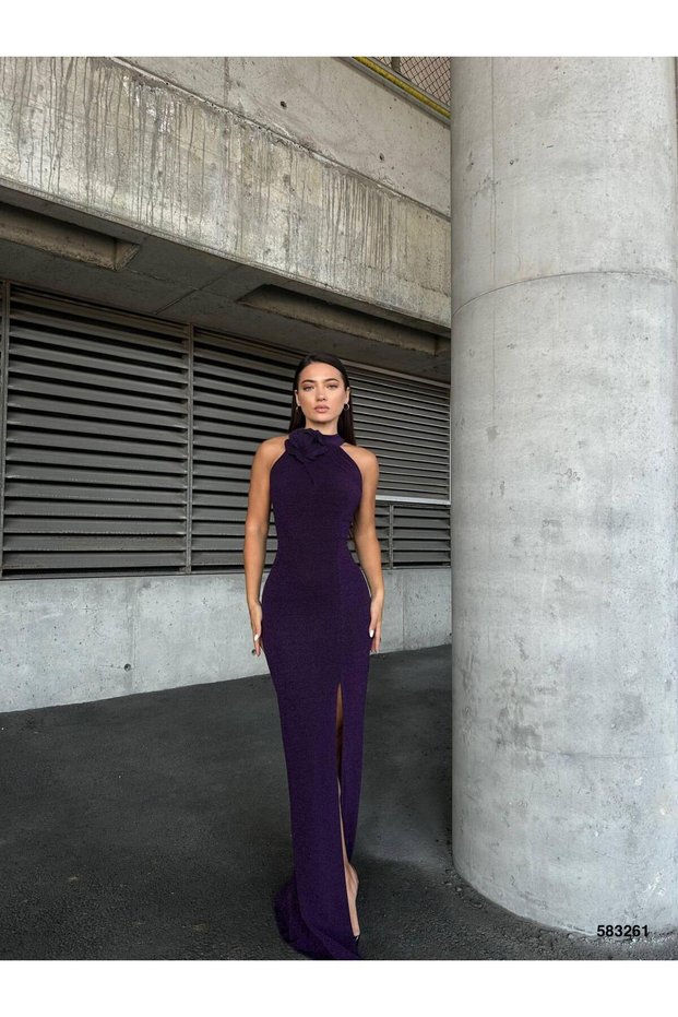 Flexible Flowers Fabric Collar Rose Detailed Slit Evening Dress Purple 583261
