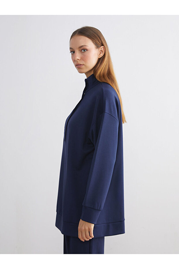 Lcw Modest Navy Blue High Collar Oversize Women's Sweatshirt Tunic