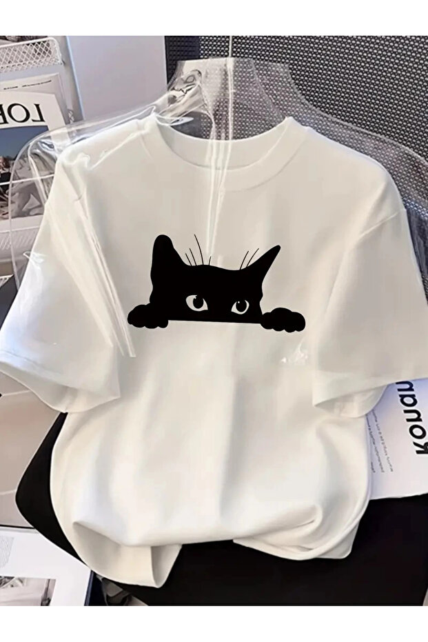 Black Cat Graphic T-Shirt for Women - Oversized Short Sleeve Top Breathable - White