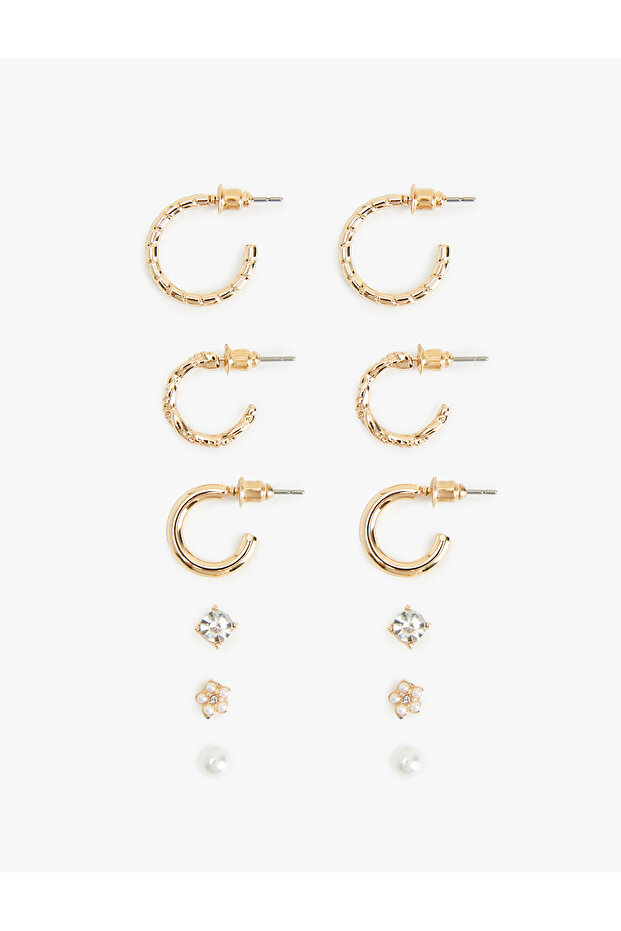 Steel Mixed Pearl Detailed 6-Piece Ball and Hoop Earring Set