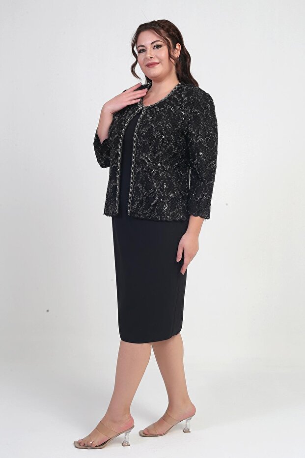 Women's Sleeveless Dress Sequin Embroidered Tulle Jacket Bead Detail Lined Plus Size 2-Piece Set