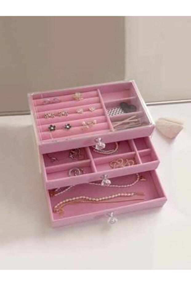 3-Tier Accessory Organizer with Acrylic Cover, Pink, Size: 10*13.5*23 cm