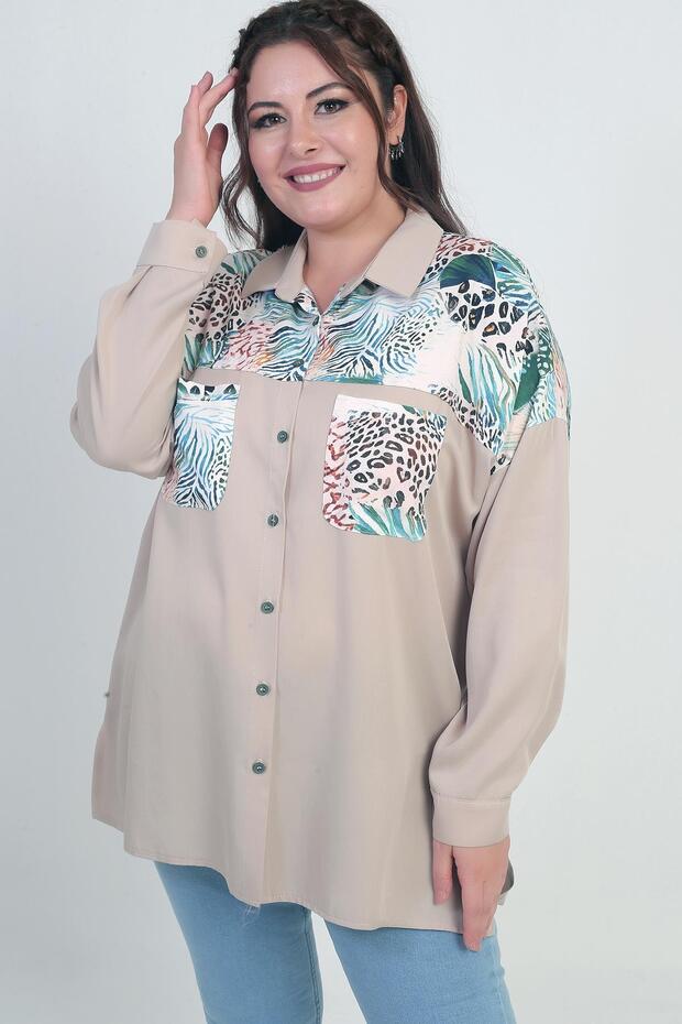 Women's Low Sleeve Double Pocket Patterned Plus Size Shirt