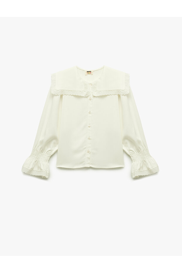 Viscose Long Sleeve Gathered Oversize Buttoned Lace Detailed Square Neck Shirt