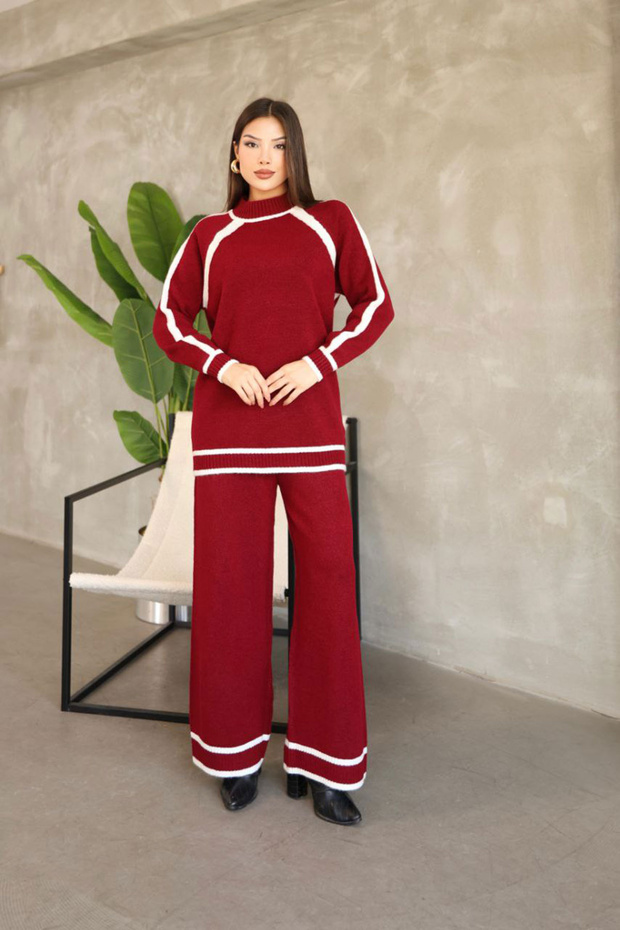 Women's Burgundy Stripe Detailed Crew Neck Tunic and Wide Leg Knitwear Top and Bottom Set