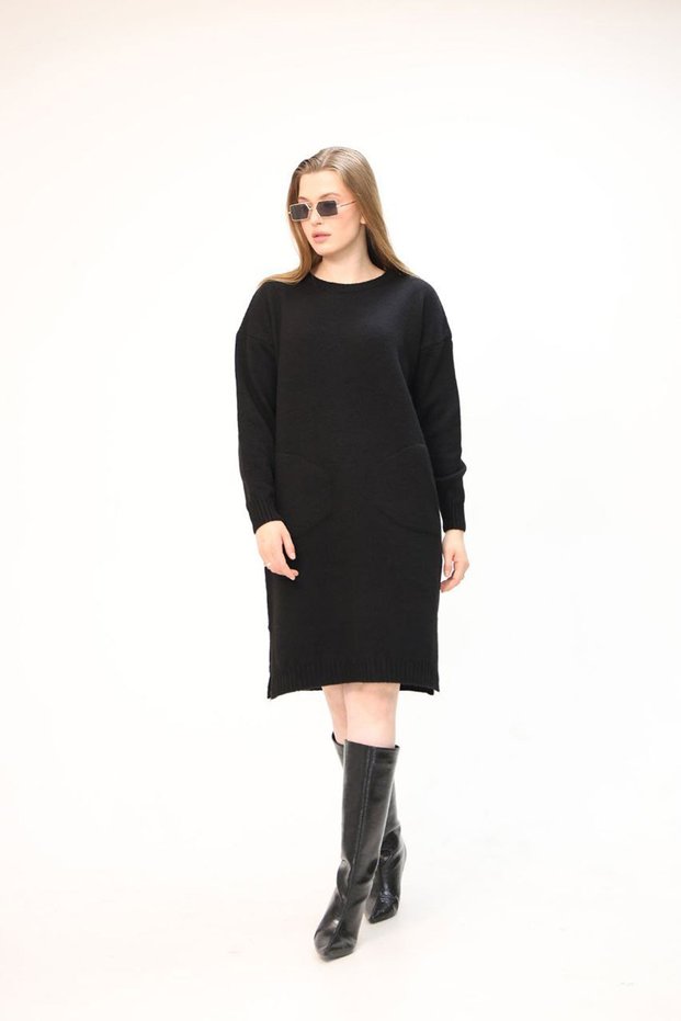 Women's Black Double Pocket Crew Neck Tunic Dress
