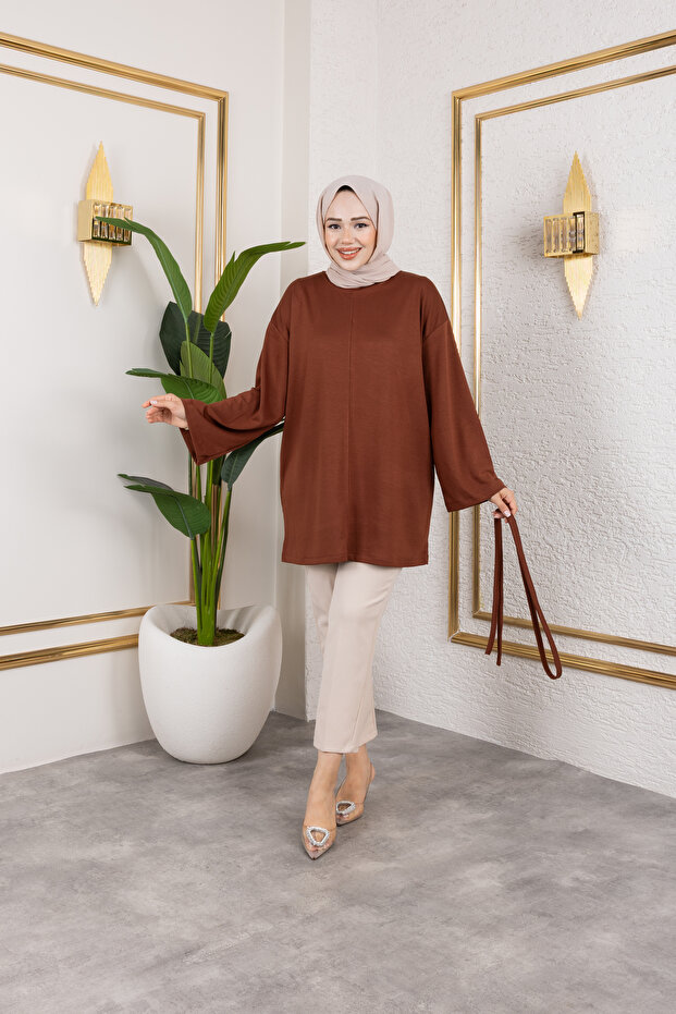 Women's Tan Belted Modal Knitted Fabric Hijab Tunic