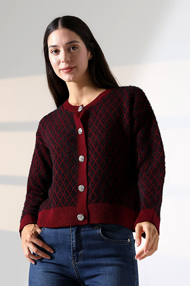 Burgundy Square Line Patterned Buttoned Knitwear Cardigan Bces-252004