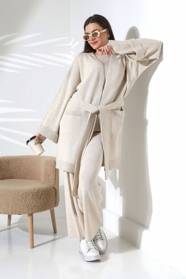 Women's Stone Crew Neck Blouse, Cardigan and Trousers 3-Piece Knitwear Set