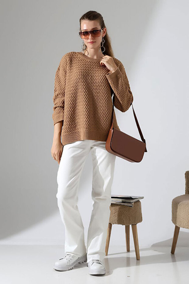 Crew Neck Waterway Patterned Knit Sweater