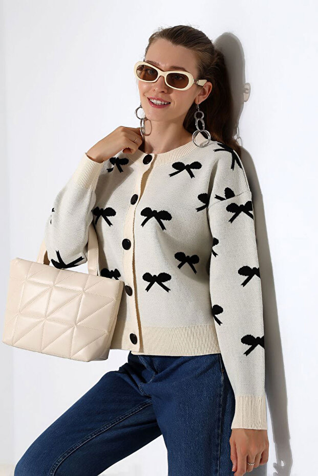 Ecru Bow Patterned Buttoned Knitwear Cardigan Bces-252044