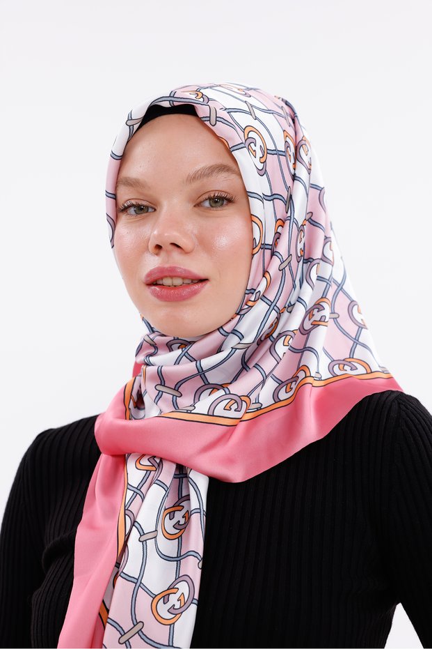 Chain Patterned Powder Pink Chiffon Satin Scarf - 100X100 cm