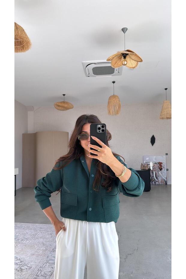 سترة بومبر من قماش الجاكار الزمردي - 4