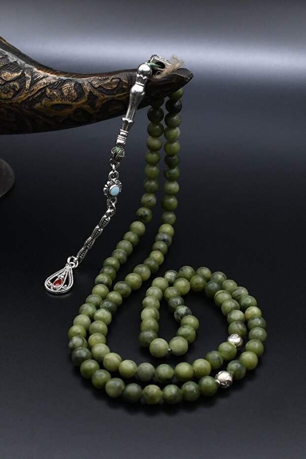 Natural Jade Stone 99-Bead Rosary with Metal Tassel 6mm Sphere Cut 902274