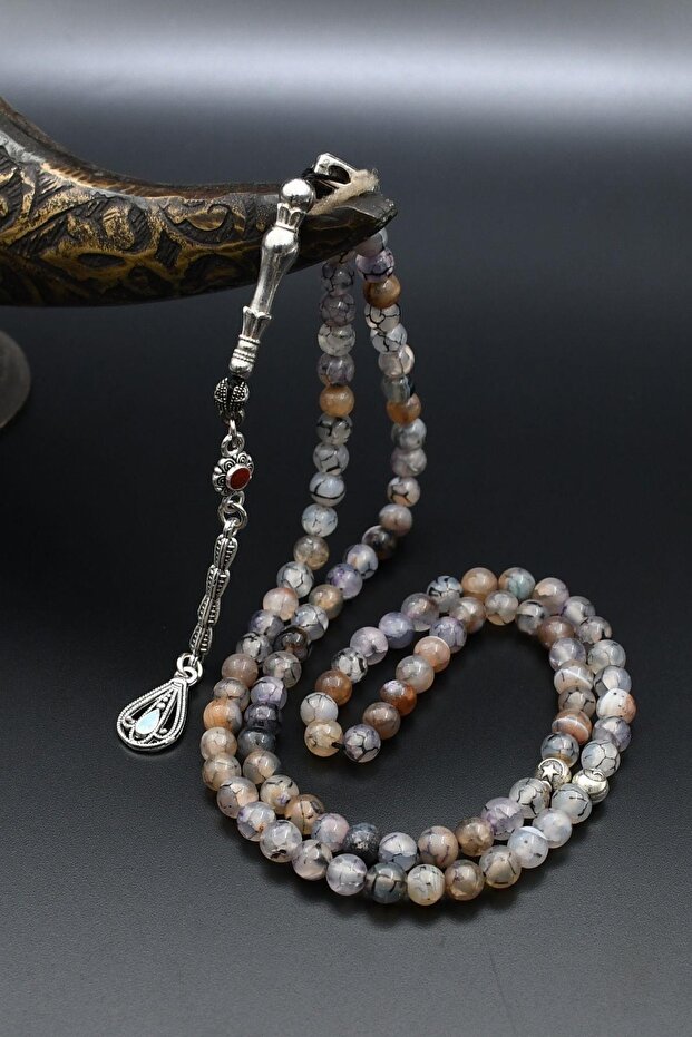 Natural Veined Agate Stone 99 Prayer Beads with Metal Tassel 6mm Sphere Cut 902264