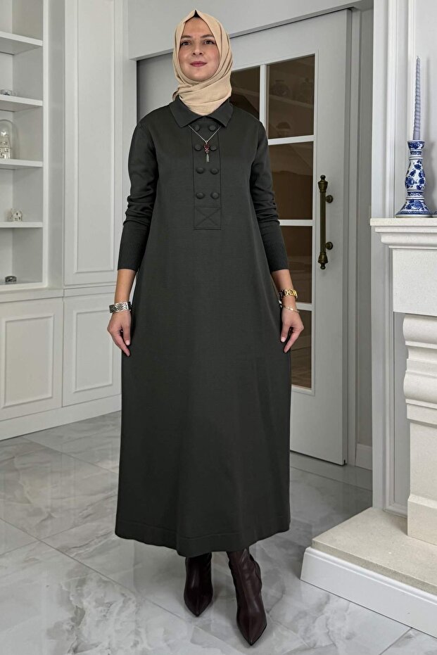 Laçin Triko Elbise Haki - 1