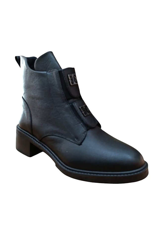 11032-1 Women's Genuine Leather Buckle and Rubber Detailed Zippered Boots