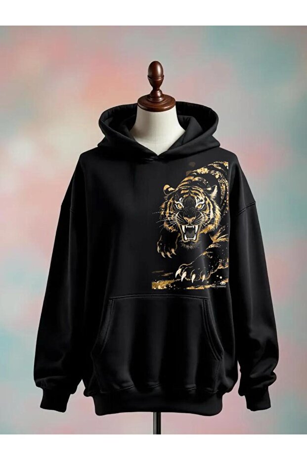 Tiger Printed Cotton 3 Thread Oversized Black Sweatshirt