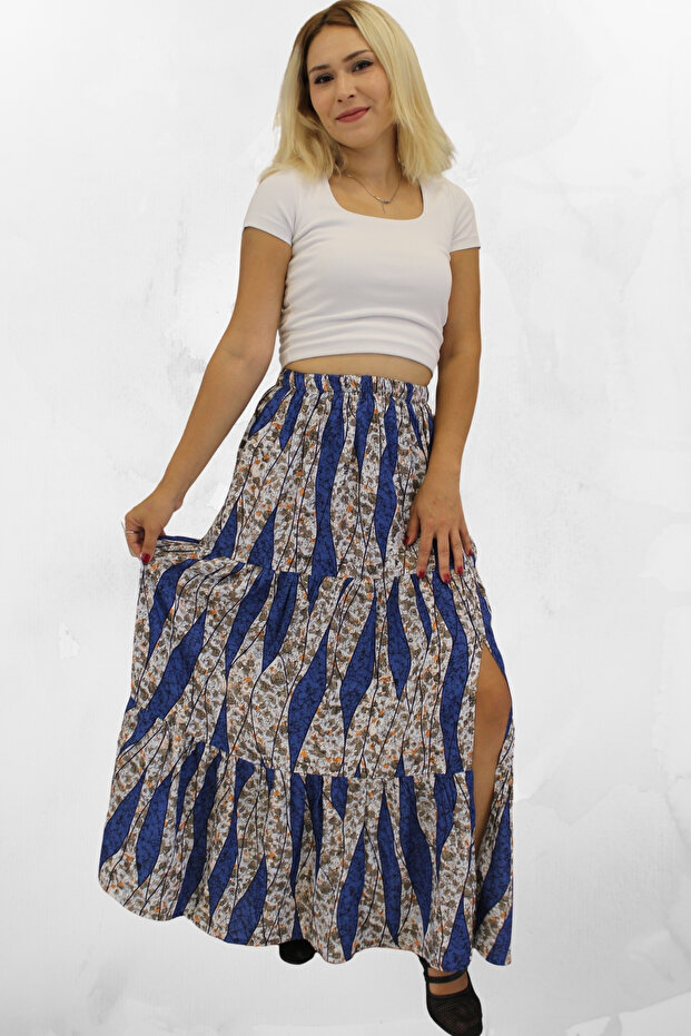 Slit Flower Patterned Viscose Fabric Long Skirt