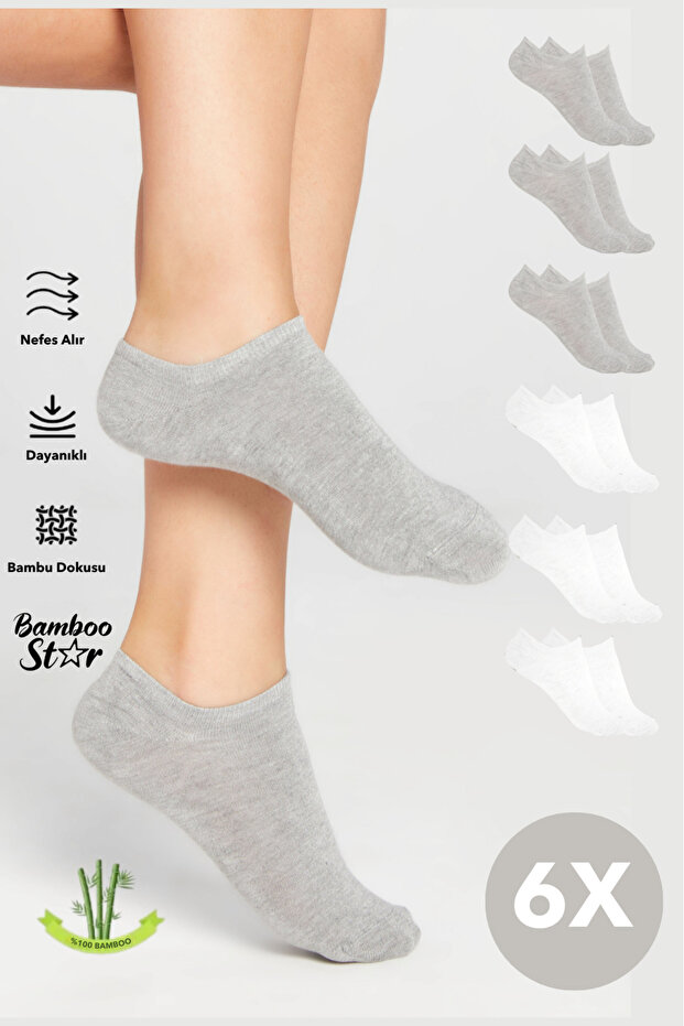 Bamboo Women's Sneaker 3 Gray - 3 White Socks Seamless Ankle Invisible Sports Socks Premium 6-Pack