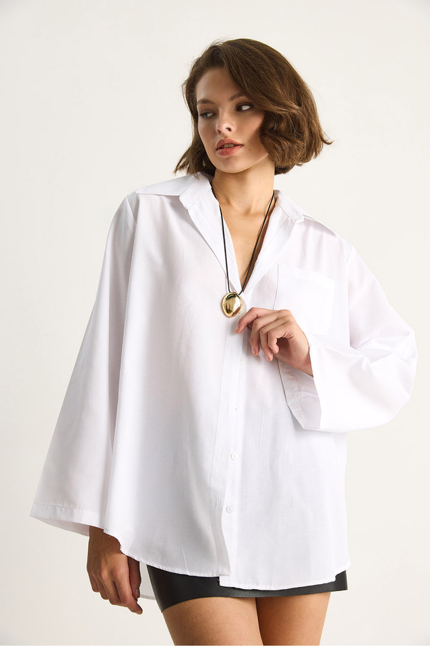 Kadın Geniş Kollu Tek Cep Detaylı Oversize Basic Poplin Gömlek 2144 60284103 - 2