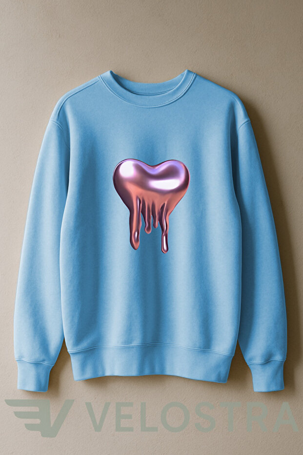 Unisex Melting Heart Printed 3 Thread Inside Ribbed Crew Neck Sweatshirt