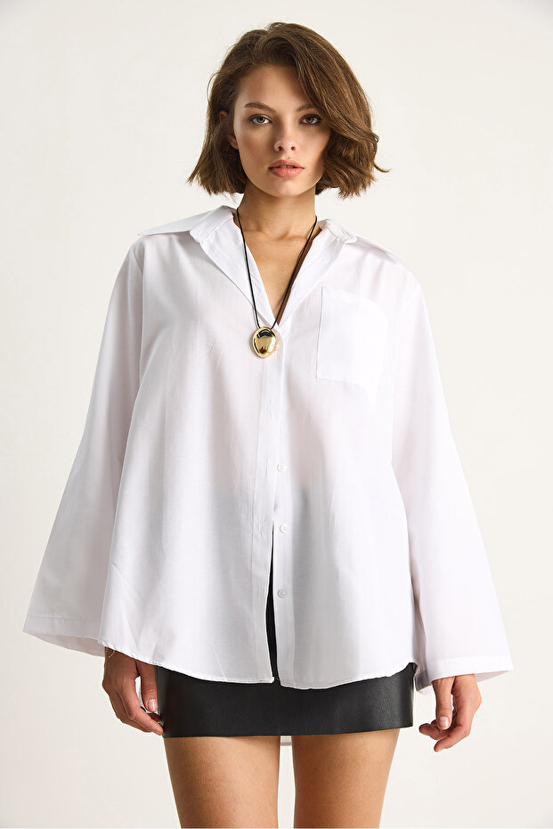 Kadın Geniş Kollu Tek Cep Detaylı Oversize Basic Poplin Gömlek 2144 60284103 - 3